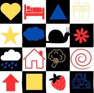 zwart-wit primaire kleuren contrastkaarten voor de ontwikkeling van een baby