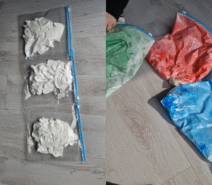 De kleuren rood, groen en blauw ontdekken met scheerschuim