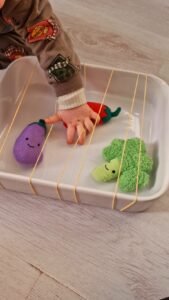 elastieken om een schaal met speelgoed er in om te pakken