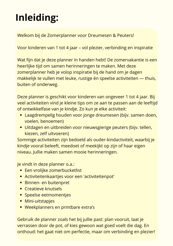 Zomerplanner voor  Dreumesen en peuters!
