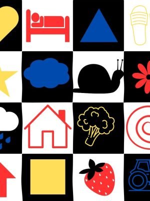zwart-wit primaire kleuren contrastkaarten voor de ontwikkeling van een baby